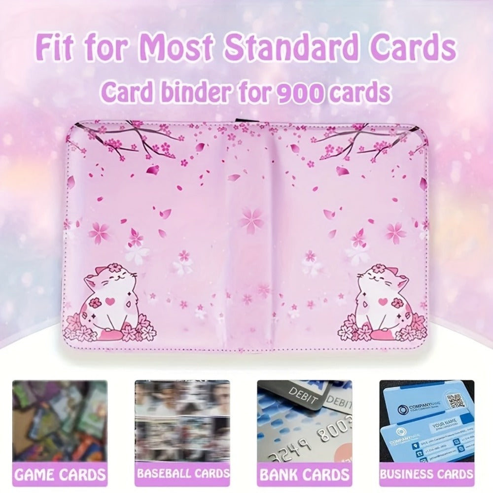 Trading Card Binder Album 900 Pockets Zippered – Premium PU Leather Collector's Album with Pink Cherry Blossom & Cat Design, Waterproof Card Storage for Pokemon, Sports & K-Pop Cards