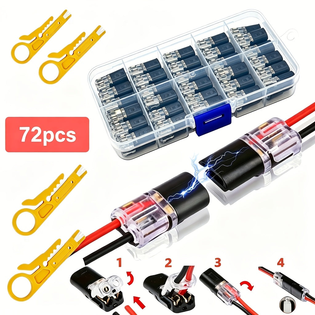 LED Wire Connector 2-Pin Quick Connect Terminal – PVC Insulated Copper Contact, Locking Buckle, 36V AC Low Voltage, for Automotive & Home LED Strip Wiring (12pc / 72pc)
