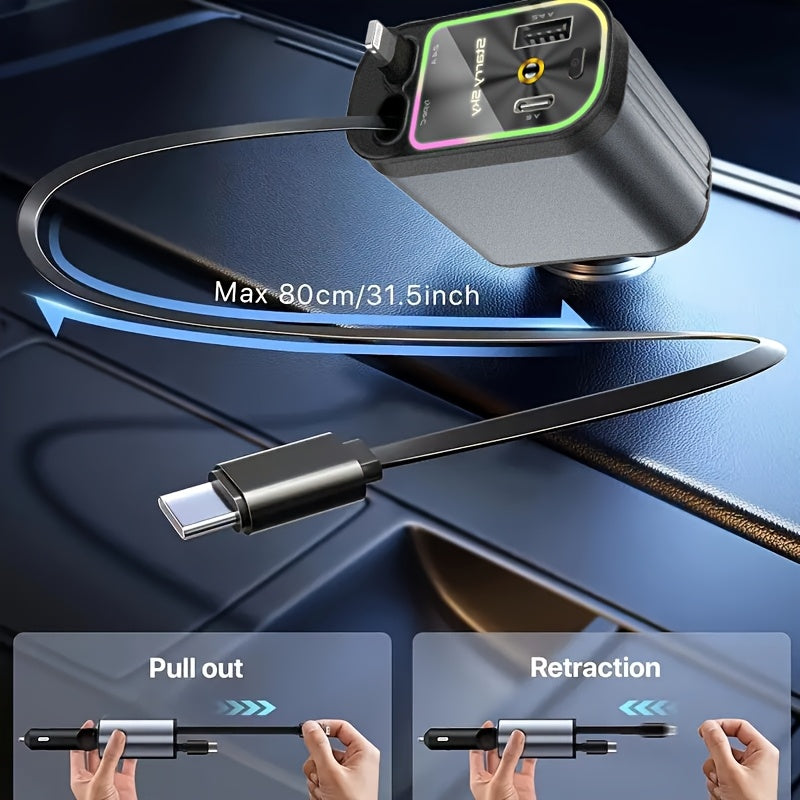 Star Projection Night Light Charger, LED Decorative Romantic Roof Ceiling Light, 4-In-1 Fast Charging USB Car Adapter, 66W with 2.6Ft Retractable Cable, Adjustable Orientation And 2 USB Ports, Perfect for Apple And for Android Phone Holiday Gifts