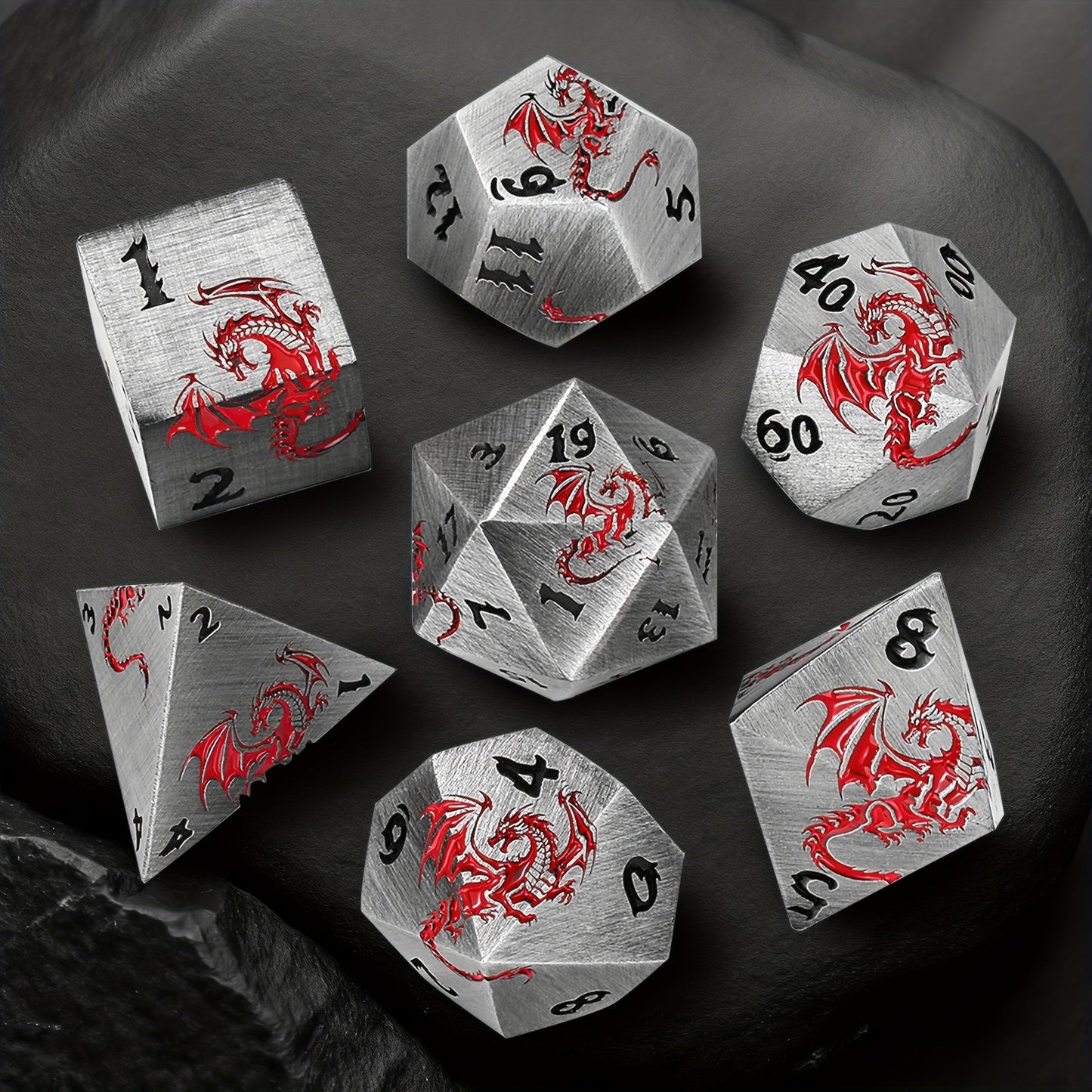 Dragon Metal Dice Set 7pcs Hand-Polished – Retro Carved Dragon Pattern Polyhedral DnD TTRPG RPG Dice with Dragon Storage Bag, D4 D6 D8 D10 D12 D20, Bronze Silver Black Blue White Cyan