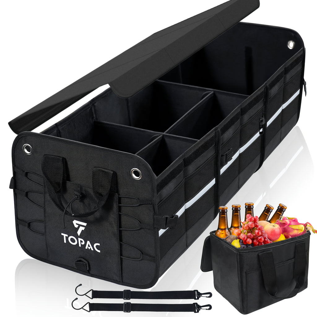 TOPAC Car Trunk Organizer with 3 Compartments with Cooler Bag, - Trunk Organizer, Foldable Trunk Organizer for SUVs & Sedans, Sturdy Car Organization for Car Accessories, Tools, Sundries, Black, 29.92*14.57*12.61"