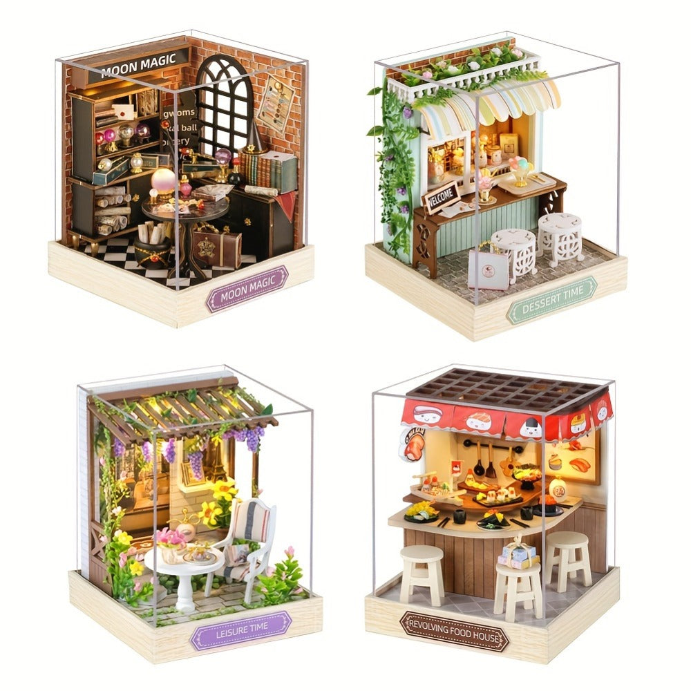 DIY Wooden Tiny House Kit with Dust Cover – Handmade Miniature Dollhouse Puzzle, 3 Themes Afternoon Tea Rotating Food House Moon Magic, Creative Home Decor Gift for Adults & Teens Birthday Christmas