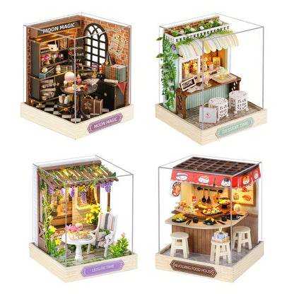 DIY Wooden Tiny House Kit with Dust Cover – Handmade Miniature Dollhouse Puzzle, 3 Themes Afternoon Tea Rotating Food House Moon Magic, Creative Home Decor Gift for Adults & Teens Birthday Christmas