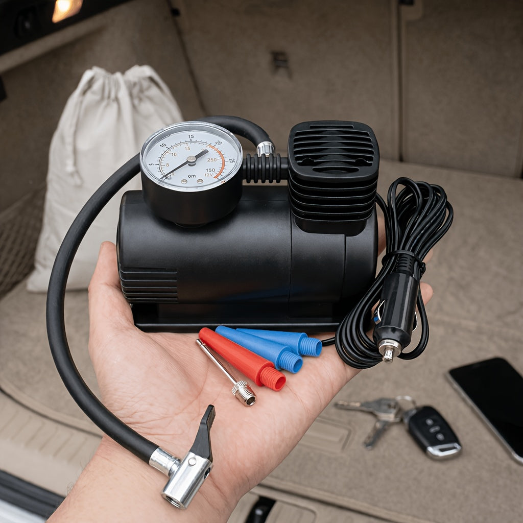 Compact 12V Air Compressor with Analog Pressure Gauge, 300 PSI Portable Tire Inflator for Car & Motorcycle