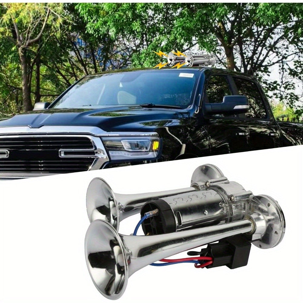Dual Trumpet Air Horn Kit 12V 110dB – Super Loud Electric Horn with Compressor, Chrome Zinc-Alloy, Universal Fit for Car Truck SUV Boat Train Van Motorcycle Off-Road