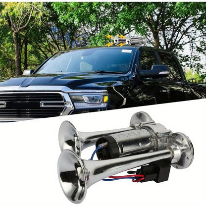 Dual Trumpet Air Horn Kit 12V 110dB – Super Loud Electric Horn with Compressor, Chrome Zinc-Alloy, Universal Fit for Car Truck SUV Boat Train Van Motorcycle Off-Road