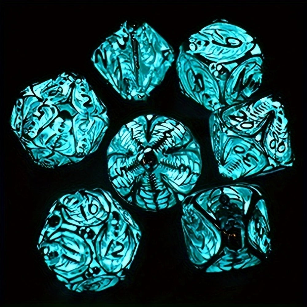 Metal Skull Dice Set 7pcs Glow in the Dark – Hollow UV Fluorescent Polyhedral DnD RPG Dice for Dungeon Masters, Skeleton Design Blue, Tabletop Gamer Gift Halloween Christmas Birthday