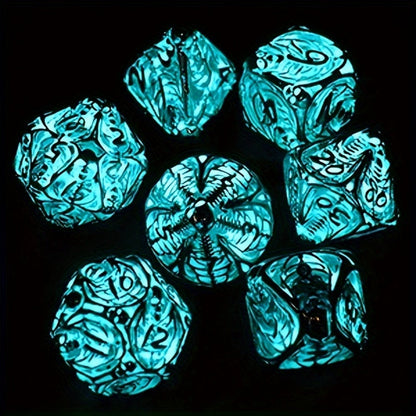 Metal Skull Dice Set 7pcs Glow in the Dark – Hollow UV Fluorescent Polyhedral DnD RPG Dice for Dungeon Masters, Skeleton Design Blue, Tabletop Gamer Gift Halloween Christmas Birthday