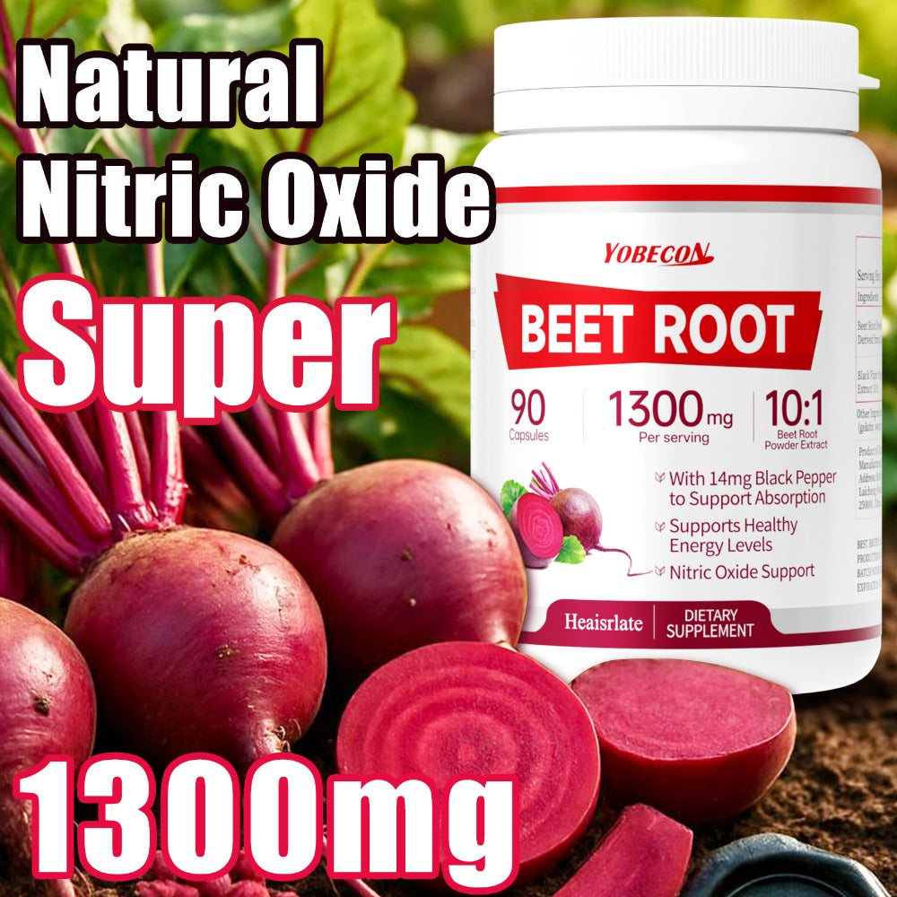 Beet Root Capsules 1300mg High Strength – Nitric Oxide Booster for Blood Flow, Circulation & Cardiovascular Support – Plant-Based Vegetarian Formula – 1/2/3 Bottle Options – Vitamins & Supplements