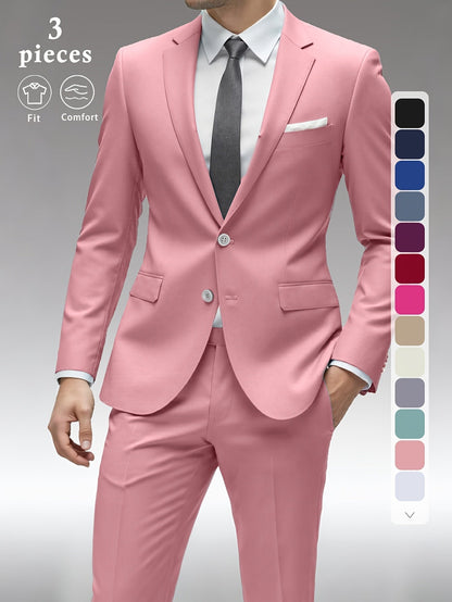 Men's Three-Piece Formal Suit - Slim Fit Solid Color