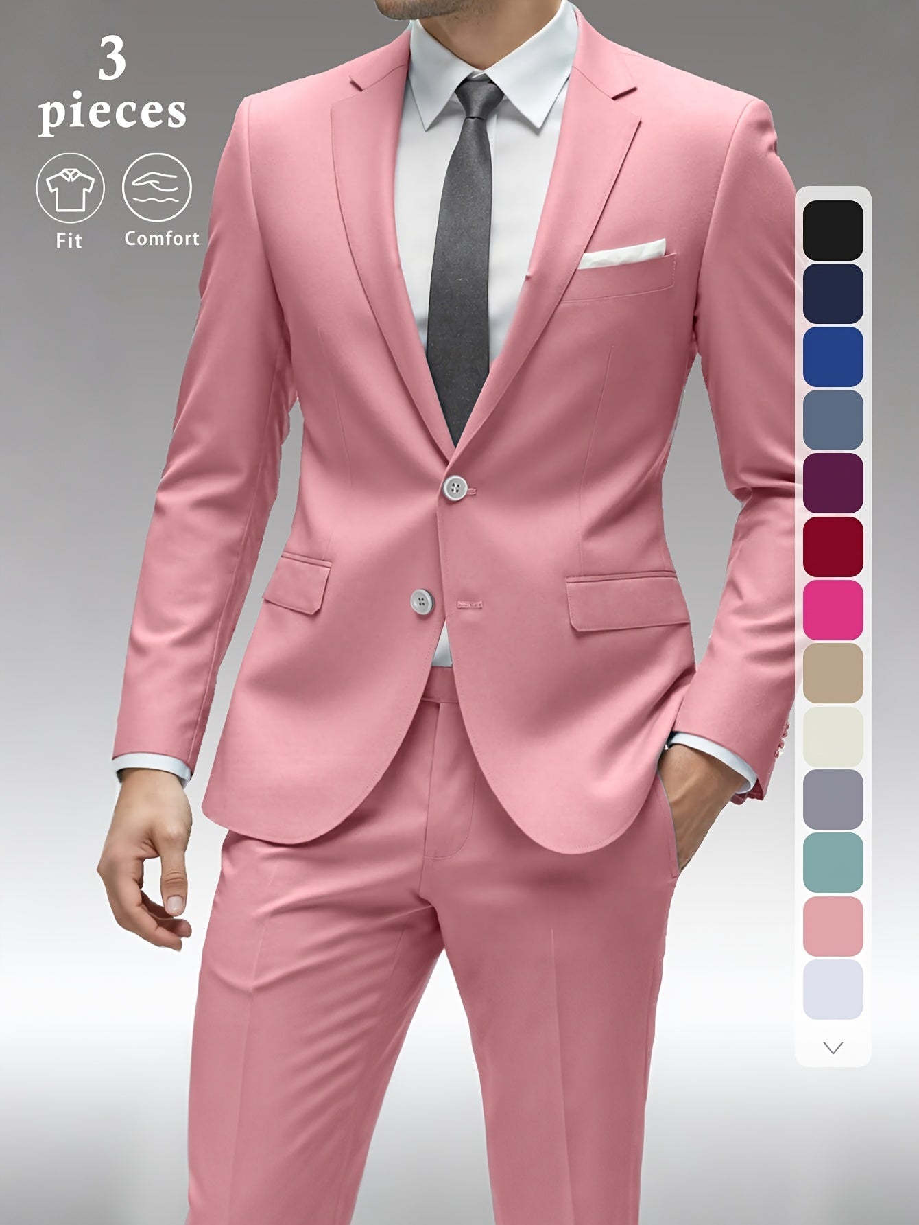 Men's Three-Piece Formal Suit - Slim Fit Solid Color