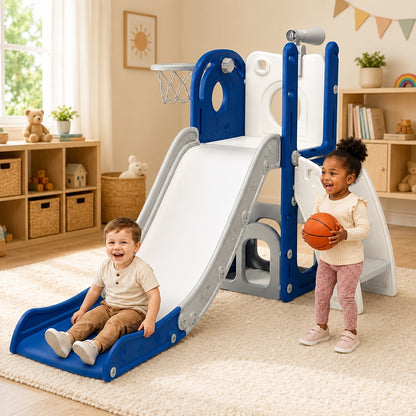 Toddler Slide & Climber Playset L-Shaped Indoor Outdoor Playground with Basketball Hoop Storage Telescope Easy Assembly Birthday Gift Boys Girls
