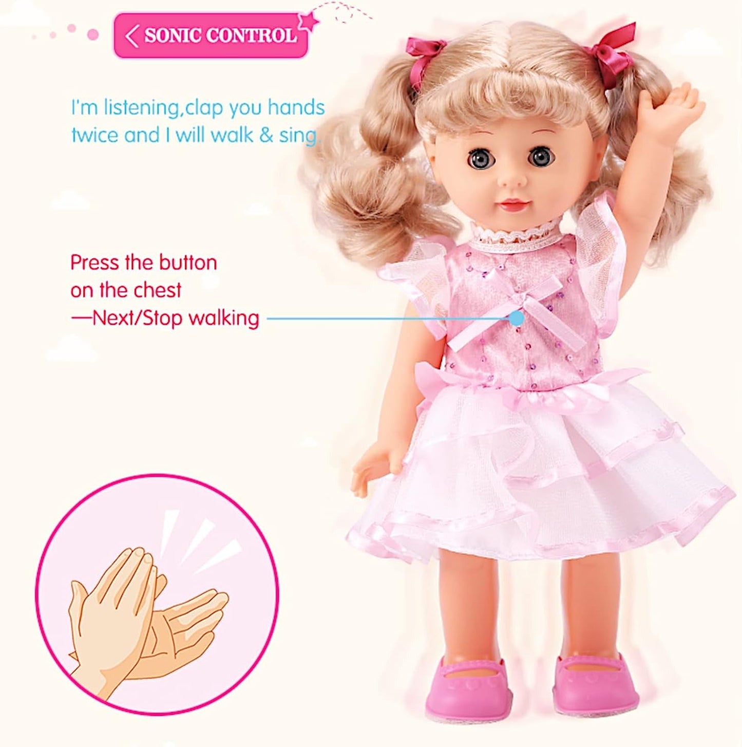 Walking Talking Doll Sonic Control 12 Inch Blonde Princess – Clap Activated Sings Walks Talks, Blinking Blue Eyes, Interactive Electronic Baby Doll, Birthday Christmas Gift for Girls Ages 3-7