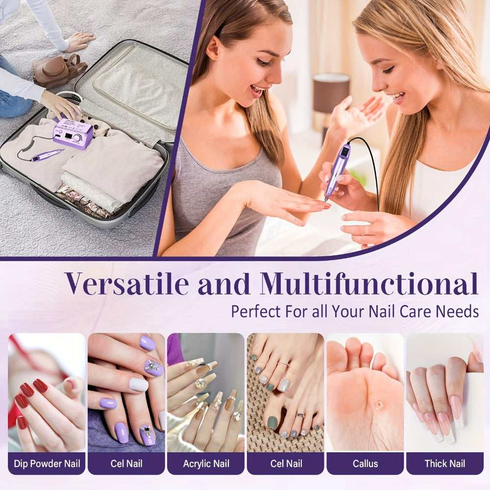 Nail Drill Kit 35000 RPM with 100 Sanding Bands Multiple Drill Bits Electric Nail File for Acrylic Gel Nails Manicure Pedicure Salon Home Use Purple Pink Black