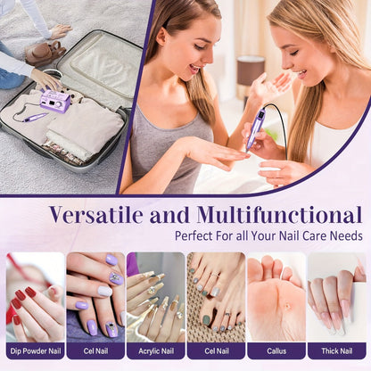 Nail Drill Kit 35000 RPM with 100 Sanding Bands Multiple Drill Bits Electric Nail File for Acrylic Gel Nails Manicure Pedicure Salon Home Use Purple Pink Black