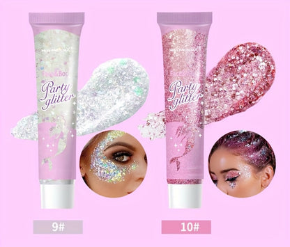 Holographic Glitter Gel Set 10 Colors Cosmetic Grade Face Body Makeup - Festival Rave Cosplay Anime Halloween Party Shimmer Skin Safe Easy Apply Remove