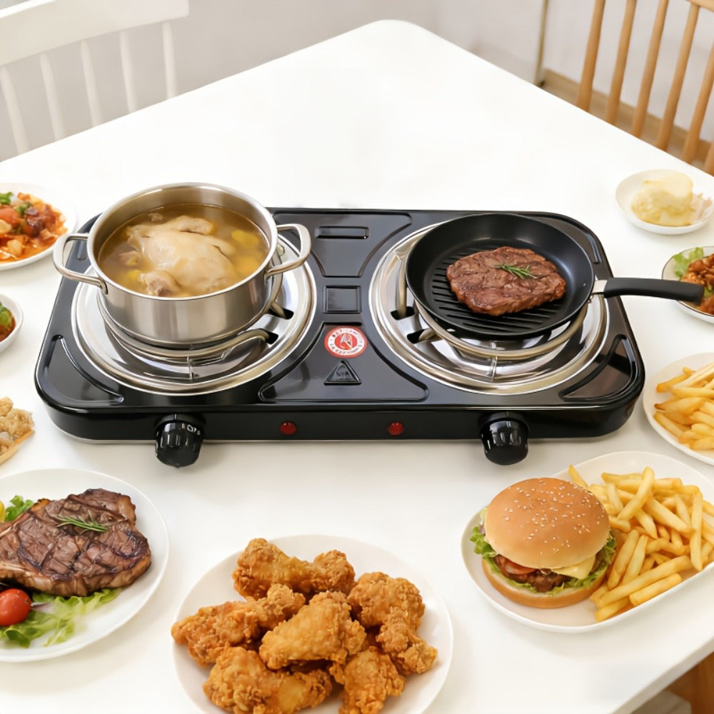 Portable Electric Stove Tabletop Double Burner – Adjustable Rotary Temperature Control, Compact Electric Charcoal Heater for Home, Office, Dorm, Camping, Milk & Coffee Heating, Black