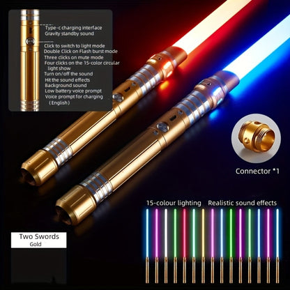 Light Up Saber 15 Colors 2-in-1 Metal Gravity Sensing – Rechargeable Glow Sword with Upgraded LED | Party Glow Sword for Halloween Costume, Christmas Gift for Kids & Adults | Black & Gold