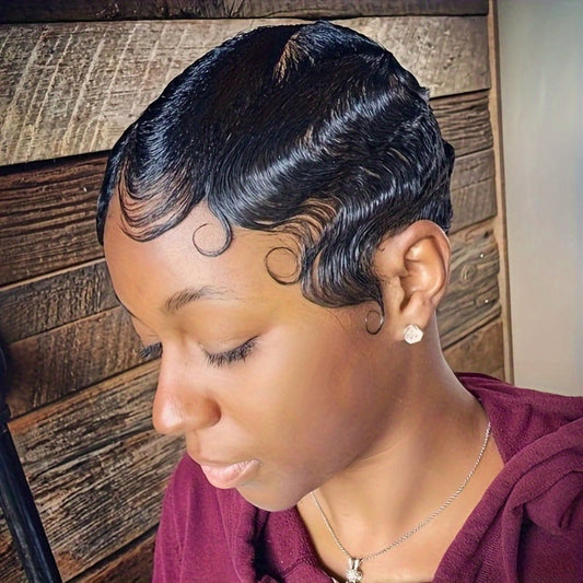 Short Human Hair Pixie Cut Wig Finger Wave Deep Ocean Wave Brazilian Virgin 180% Density Rose Net Cap 1B 613 Blonde Women Party Daily Wear