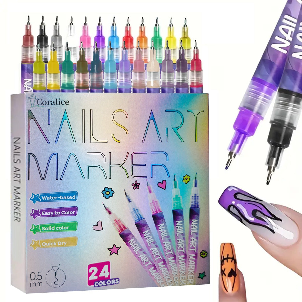 Nail Art Pens 24 Colors Set - 3D Doodle Nail Drawing Pen Kit with Fine Tip, Quick-Dry Detail Nail Paint Brushes for Home & Salon Nail Design, Beginner & Professional Nail Art Tools Gift