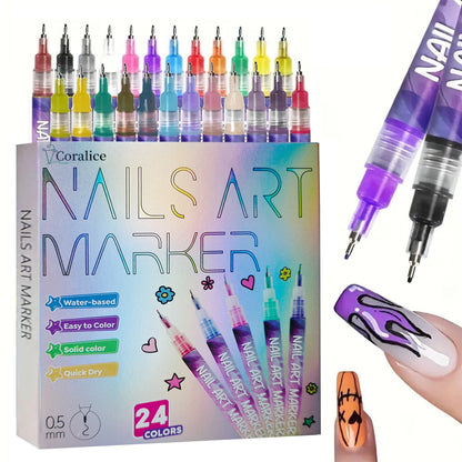 Nail Art Pens 24 Colors Set - 3D Doodle Nail Drawing Pen Kit with Fine Tip, Quick-Dry Detail Nail Paint Brushes for Home & Salon Nail Design, Beginner & Professional Nail Art Tools Gift