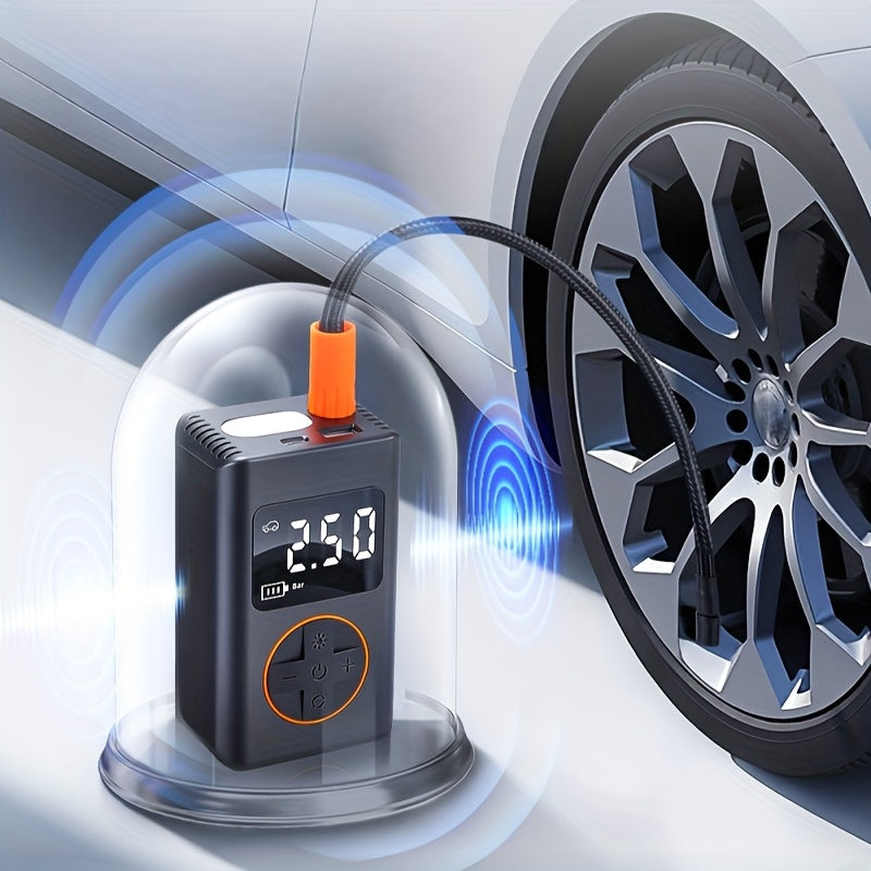 Portable Air Compressor for Tire Inflation Featuring an Automatic Shut-Off, Capable of 150PSI. This Car Tire Pump Comes with a Digital Pressure Gauge And LED Light, Powered by a Rechargeable Lithium Battery, And Is Ideal for Car Tires, Motorcycles