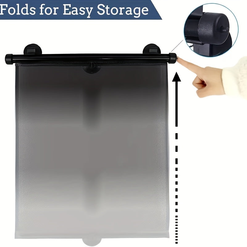 Set of 2 Car Window Curtains with One-Click Storage, Made of PVC in Black. These Retractable Side Curtains Are Easy to Install And Effectively Block UV Rays And Intense Sunlight. They Serve As Anti-Glare Heat Shields