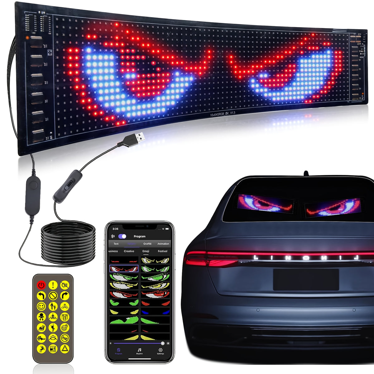 LED Devil Eye Lights For Car, Programmable Led Sign, Flexible LED Matrix Pixel Panel, USB Power Supply, Pre-made DIY Animation And Text Led Car Sign, APP & Remote Control, LED Sign For Car, Halloween, Christmas, New Year, And Birthday Decorations