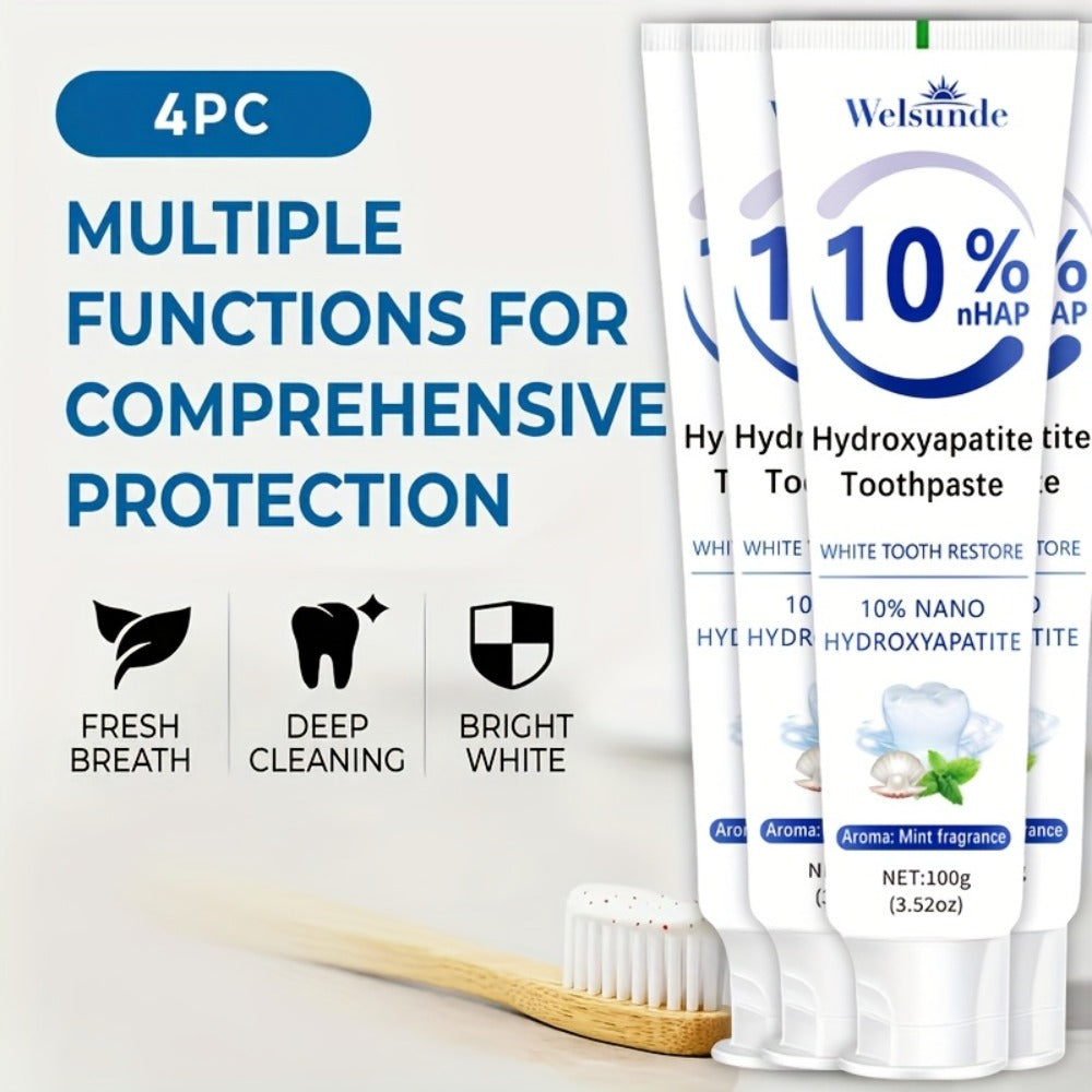 Hydroxyapatite Toothpaste 4-Pack – 10% Nano Formula with Baking Soda, Deep Cleaning & Whitening Gel, Mint Fresh Breath, Fluoride-Free Daily Oral Care for Everyone, Home & Travel Sleek Tube Design (400g)
