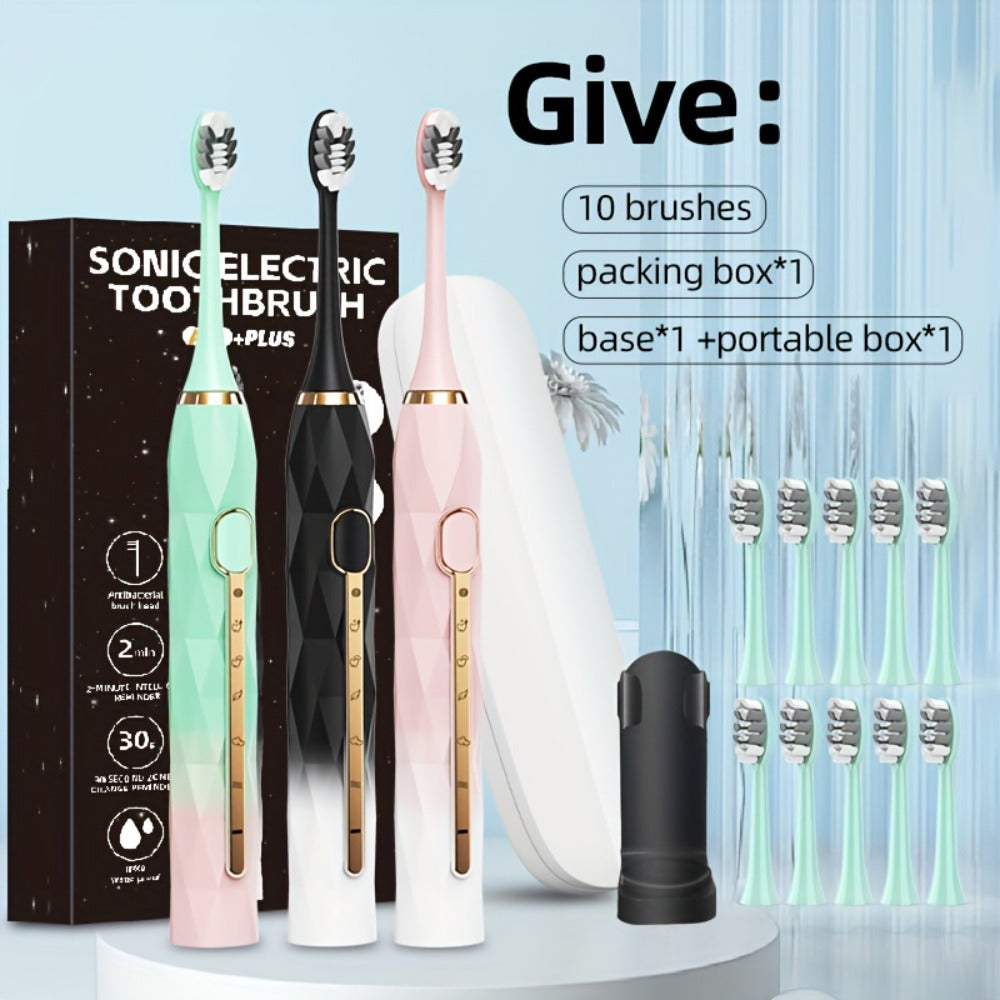 IPX8 Sonic Electric Toothbrush with 8 Replacement Brush Heads — Metal Shaft, USB Rechargeable 500mAh, Travel Case & Holder, Deep Plaque Removal for Adults Men & Women, 5 Colors