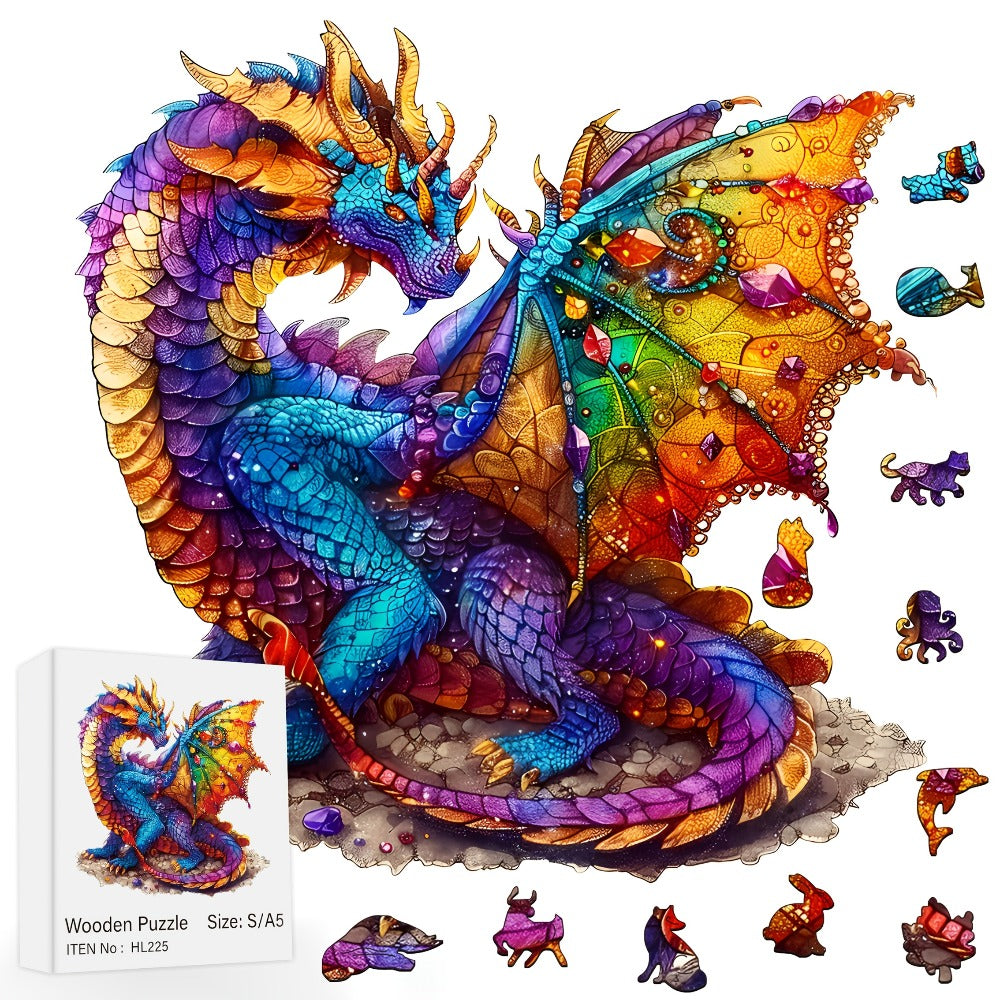 Dragon Wooden Jigsaw Puzzle Gemstone Fantasy – Colorful Irregular Animal Shaped Pieces, Unique Non-Repetitive Plywood Brain Teaser, 2 Sizes S & L, Wall Art Home Decor, Birthday Christmas Gift for Adults Teens
