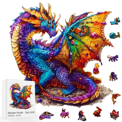 Dragon Wooden Jigsaw Puzzle Gemstone Fantasy – Colorful Irregular Animal Shaped Pieces, Unique Non-Repetitive Plywood Brain Teaser, 2 Sizes S & L, Wall Art Home Decor, Birthday Christmas Gift for Adults Teens