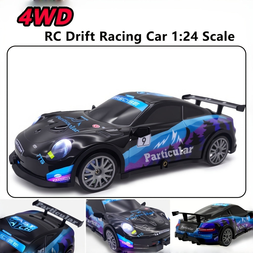Alloy RC Drift Car 1:24 Scale 4WD 28KM/H with Drift Tires LED Lights Barricades & 2 Batteries – BSJ Crash-Resistant Remote Control Racing Car for Boys Girls Ages 6+ Birthday Christmas Gift Black Yellow