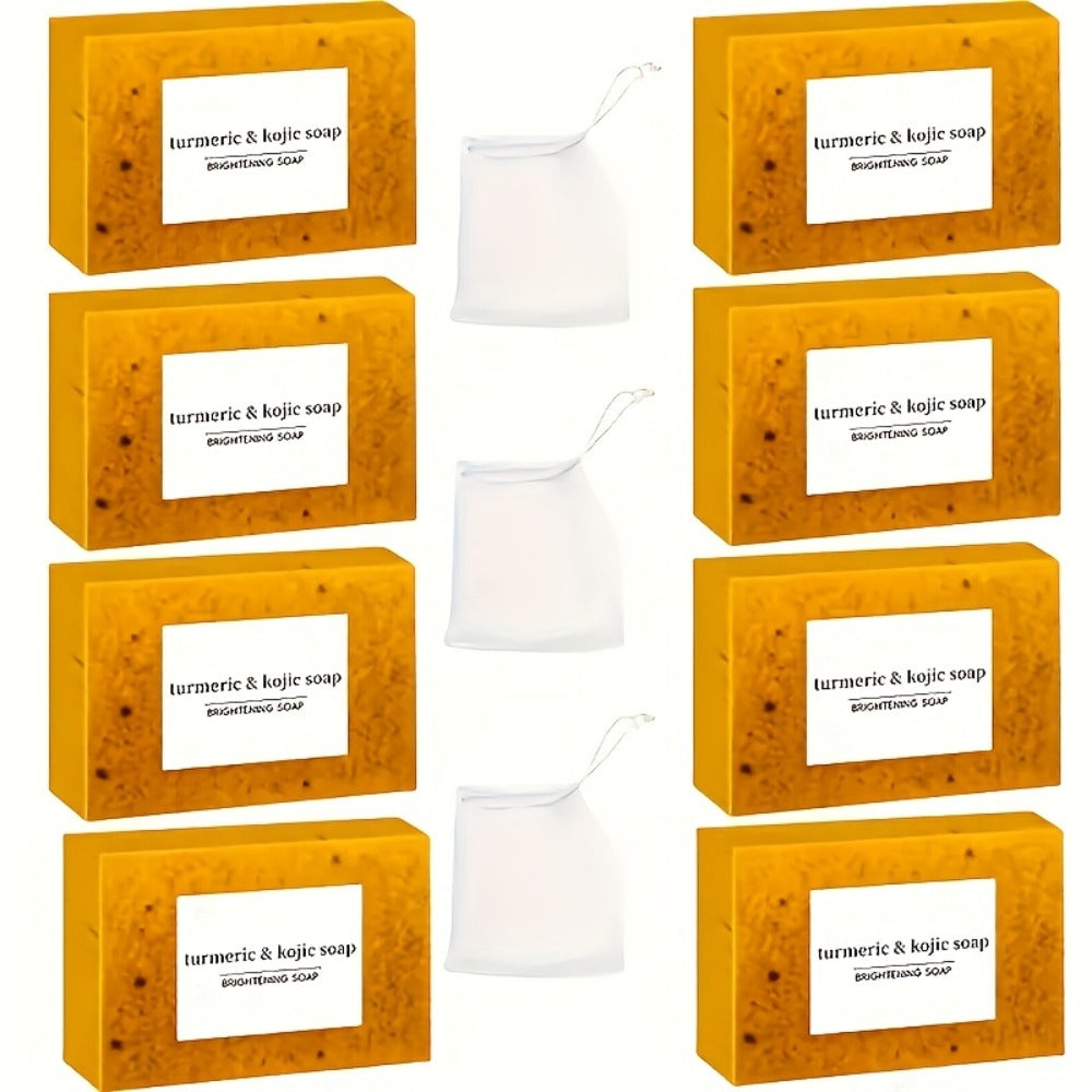 Kojic Acid Soap Set with Turmeric & Lemon – Handmade Cold-Processed Brightening Bars for Face & Body, Deep Cleansing & Hydrating, All Skin Types, Includes Foaming Net & Bath Tools