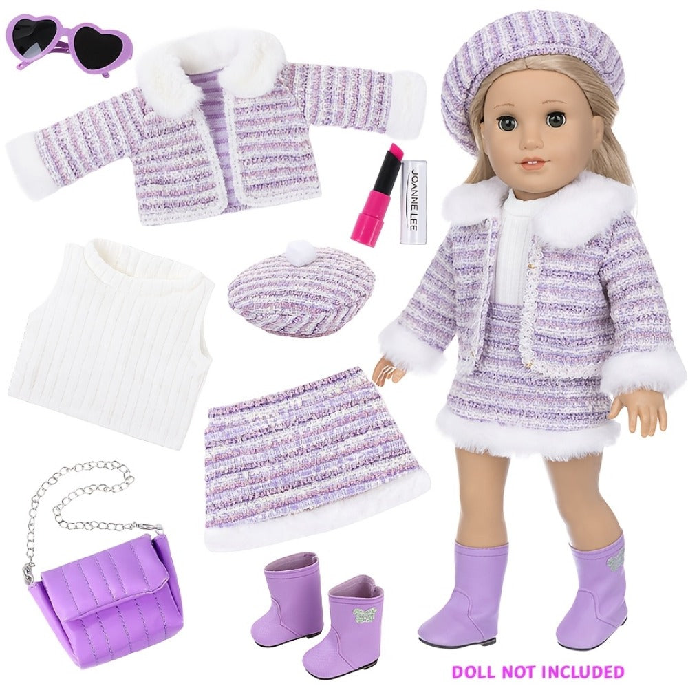 18 Inch Doll Knitted Clothes Outfit Set with Hat Jacket Skirt Shoes Socks Sunglasses Lipstick – Complete Baby Doll Accessories for 16-18 Inch Dolls Playing House Gift for Girls Birthday Christmas