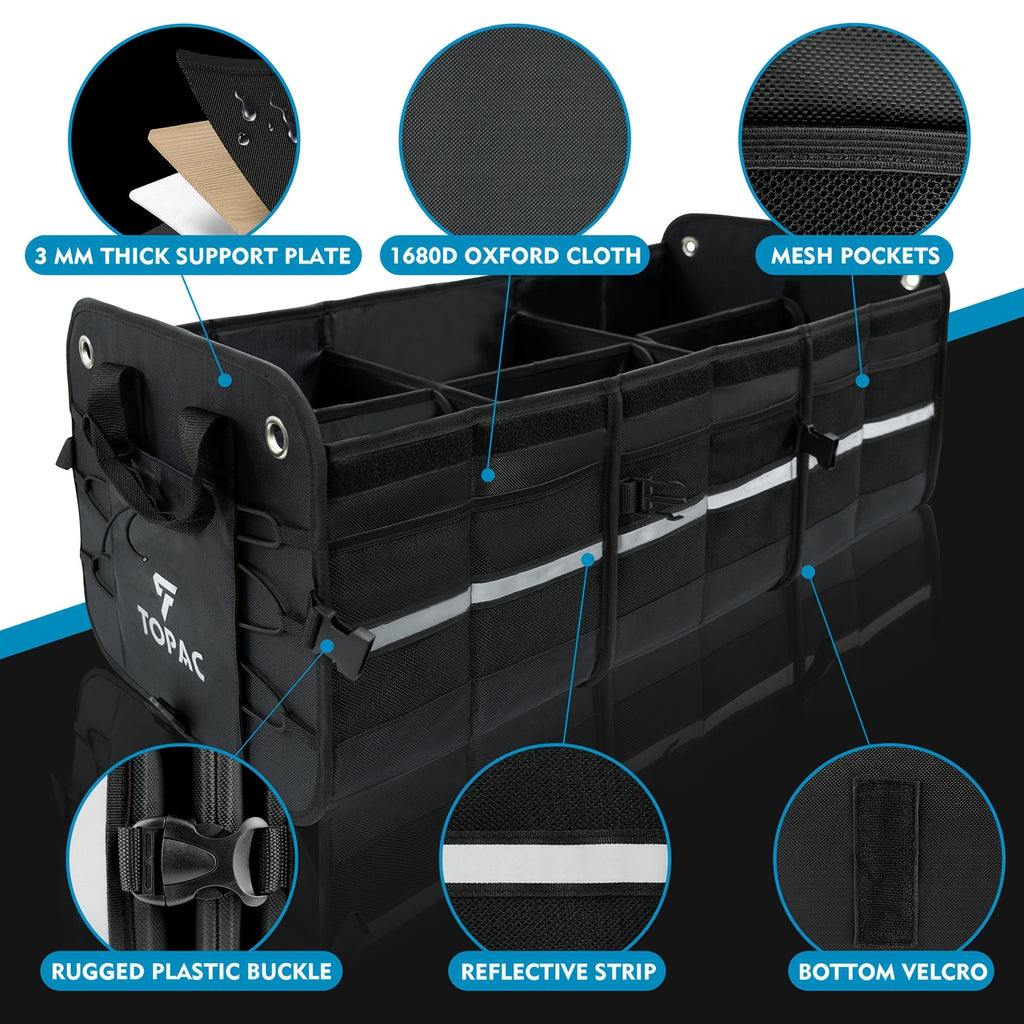 TOPAC Car Trunk Organizer with 3 Compartments with Cooler Bag, - Trunk Organizer, Foldable Trunk Organizer for SUVs & Sedans, Sturdy Car Organization for Car Accessories, Tools, Sundries, Black, 29.92*14.57*12.61"