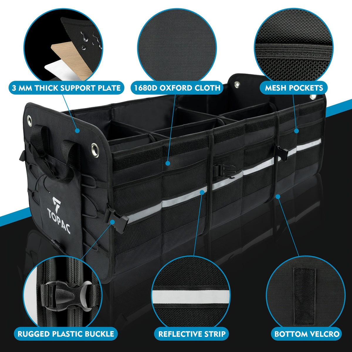 TOPAC Car Trunk Organizer with 3 Compartments with Cooler Bag, - Trunk Organizer, Foldable Trunk Organizer for SUVs & Sedans, Sturdy Car Organization for Car Accessories, Tools, Sundries, Black, 29.92*14.57*12.61"