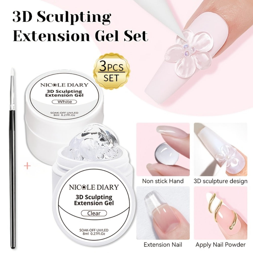 3D Sculpting Builder Gel Kit with Carving Pen — Clear & White Nail Extension Gel for Floral Nail Art, Acrylic Extensions & DIY Salon Manicure, Professional Nail Modeling Gel Set 2pcs or 3pcs for Women