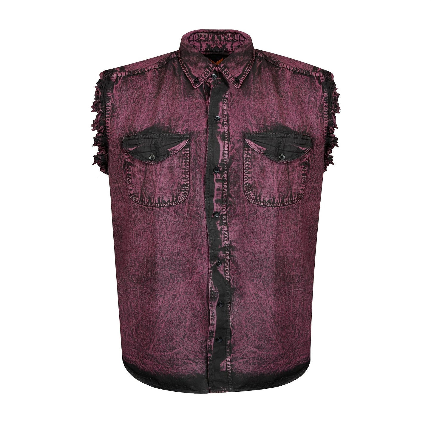 Men's Casual Sleeveless Shirt - All-Season Comfort, Frayed Sleeves, Stonewash Cotton Shirt, Single-Breasted Button-Up with Fringe Hem, Regular Fit for Streetwear, Beach & Vacation, Beach Attire, Streetstyle Apparel, Stretch Fabric
