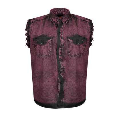 Men's Casual Sleeveless Shirt - All-Season Comfort, Frayed Sleeves, Stonewash Cotton Shirt, Single-Breasted Button-Up with Fringe Hem, Regular Fit for Streetwear, Beach & Vacation, Beach Attire, Streetstyle Apparel, Stretch Fabric
