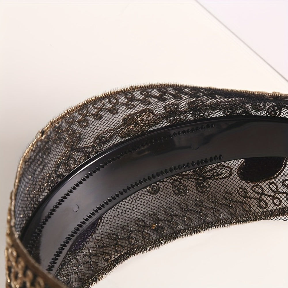 Lace Sequin Flower Headbands for Women 2pcs Wide Non-Slip Boho Retro Embroidered Hair Hoops for Daily Wear Spring Summer Wedding Party Chic Hair Accessories Gift Set Black Coffee Red Green