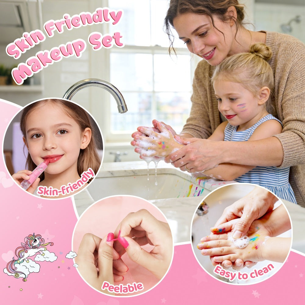 Kids Makeup Set for Girls – 2-in-1 Princess Makeup & Nail Art Kit, Washable Non-Toxic Pretend Play Cosmetics with Nail Polish, Eyeshadow, Lipstick & Accessories, Birthday Gift for Girls Ages 3+