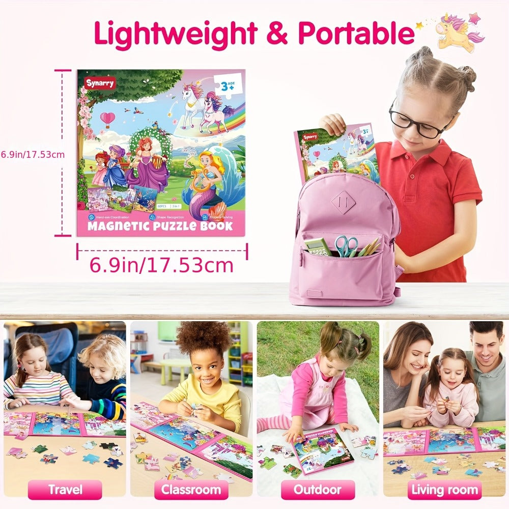 Magnetic Puzzle Book for Girls 3 4 5 6 – 3-in-1 Unicorn Mermaid Princess Travel Puzzles, 20 Pieces Folding Magnetic Jigsaw for Toddlers, Road Trip Car Airplane Activity, Birthday Gift for Little Girls