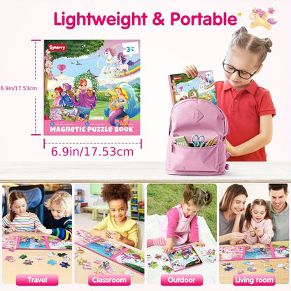 Magnetic Puzzle Book for Girls 3 4 5 6 – 3-in-1 Unicorn Mermaid Princess Travel Puzzles, 20 Pieces Folding Magnetic Jigsaw for Toddlers, Road Trip Car Airplane Activity, Birthday Gift for Little Girls
