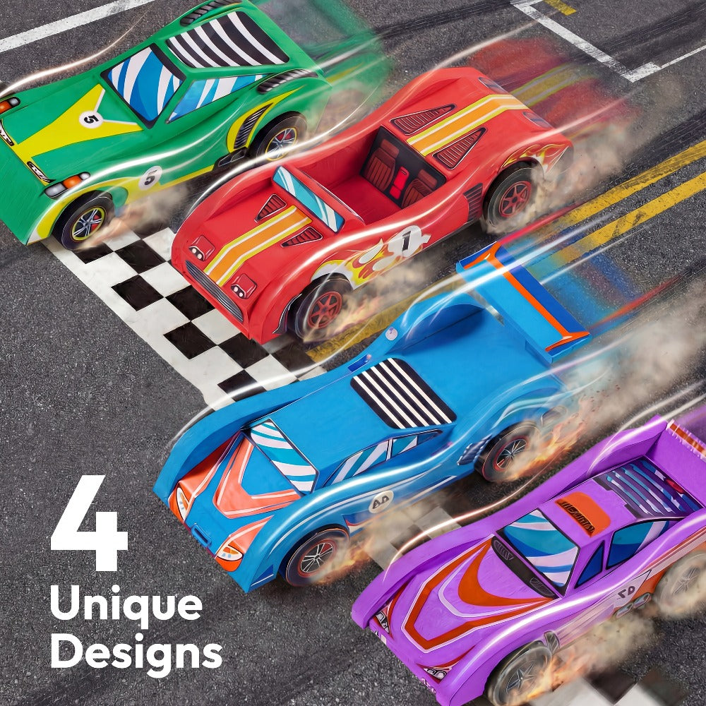 DIY Wooden Race Cars 4pcs Build & Paint Kit for Kids Ages 8+ – 44 Pre-Cut Pieces 12 Colors Racing Stickers, Paint Your Own Wood Craft Toy STEM Arts Crafts Birthday Gift for Boys Girls