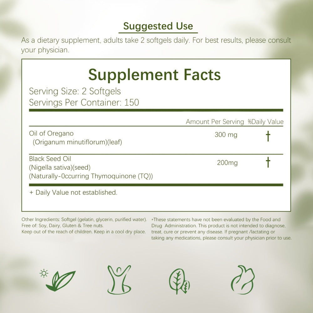Oregano Oil Black Seed Oil Softgels 2-in-1 Immune Support — 4x Strength Carvacrol 200mg Thymoquinone | Plant-Based Antioxidant Antimicrobial & Respiratory Health | 300 Capsules