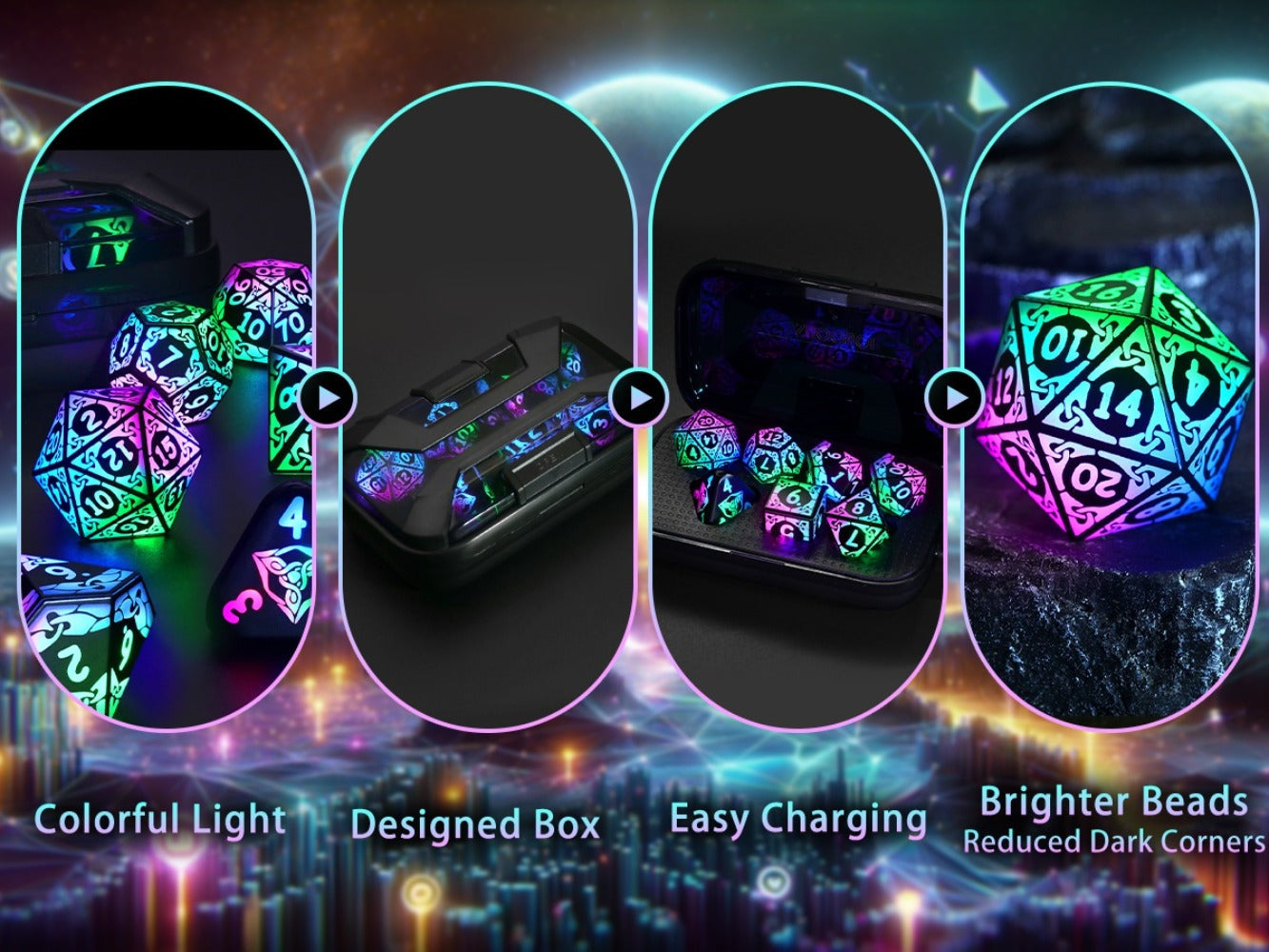 LED Dice Set 7pcs Wireless Rechargeable Light Up – Colorful Glowing Polyhedral Dice with Charging Box, D4 D6 D8 D10 D12 D20 for DnD RPG Tabletop Games, Gamer Gift Halloween Christmas Birthday
