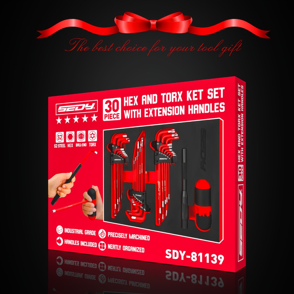 Hex Key & Torx Wrench Set 30-Piece – Long Arm Ball End Allen Wrenches with T-Handle & Extension Bar | SAE, Metric & Torx T10–T50 | Chrome Vanadium Steel