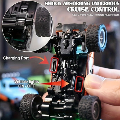 Mini RC Off-Road Truck with Trailer 1:64 Scale Die-Cast Remote Control Car – 2.4GHz Climbing Vehicle with Lights Rechargeable Adjustable Speed | Pocket-Sized RC Toy for Boys | Best Birthday Christmas Gift