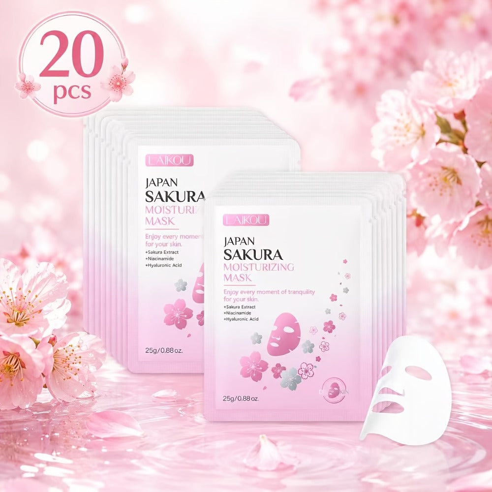 LAIKOU Japan Sakura Hydrating Sheet Mask 20pcs – Deep Moisturizing Face Mask for Dry, Normal & Combination Skin, Travel Skincare Set, Gift for Women